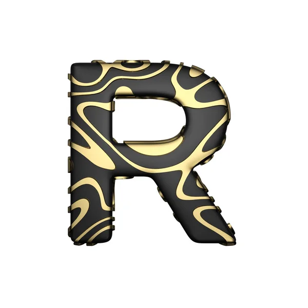 Alfabet letter R hoofdletters. Zwarte koolzuur lettertype met geel gouden vlekken. 3D render geïsoleerd op witte achtergrond. — Stockfoto