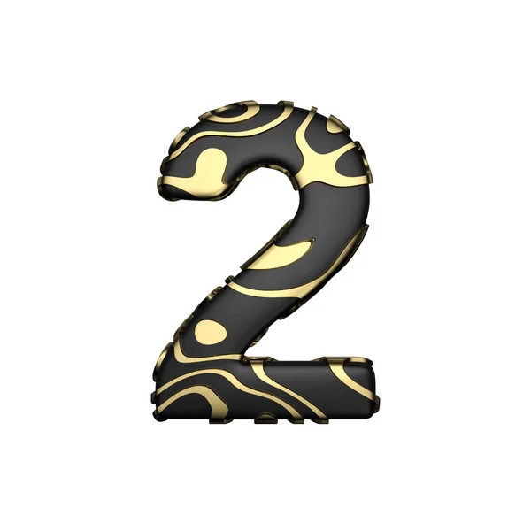 Alfabet nummer 2. Zwarte koolzuur lettertype met geel gouden vlekken. 3D render geïsoleerd op witte achtergrond. — Stockfoto