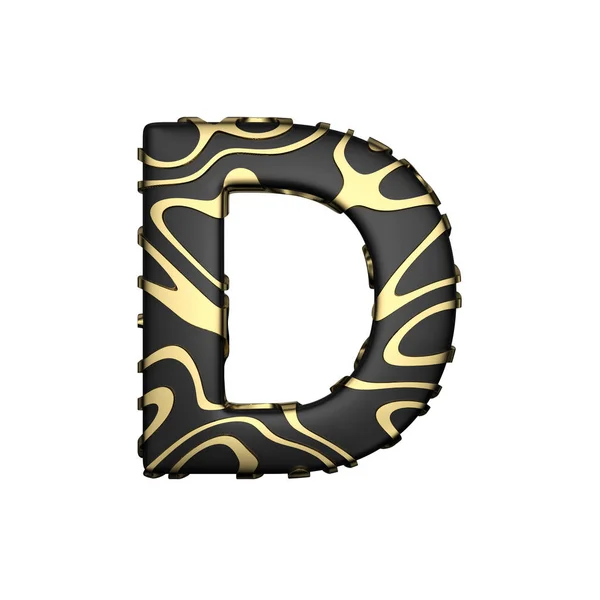 Huruf alfabet D huruf besar. Fonta karbonik hitam dengan noda emas kuning. 3D render diisolasi di latar belakang putih . — Stok Foto