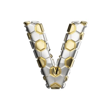 Alfabe harf büyük harf V. Gümüş ve altın yapılmış futbol yazı tipi futbol doku. Beyaz arka plan üzerinde izole 3d render.