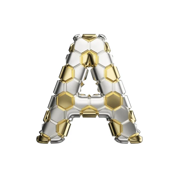 Alphabet letter A uppercase. Soccer font made of silver and gold football texture. 3D render isolated on white background. — Stock Photo, Image