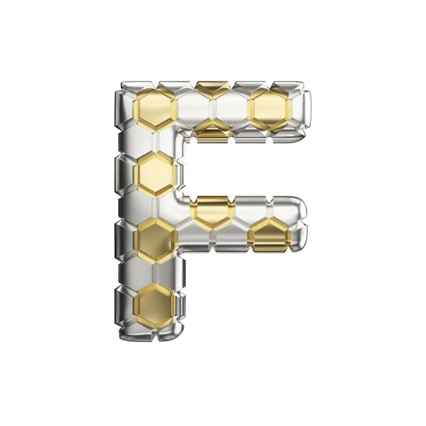 Alfabet letter F hoofdletters. Voetbal lettertype gemaakt van zilver en goud voetbal textuur. 3D render geïsoleerd op witte achtergrond. — Stockfoto