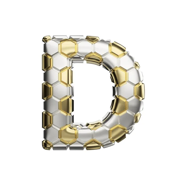 Alphabet bokstaven D versaler. Fotboll teckensnitt gjorda av silver och guld fotboll konsistens. 3D render isolerad på vit bakgrund. — Stockfoto