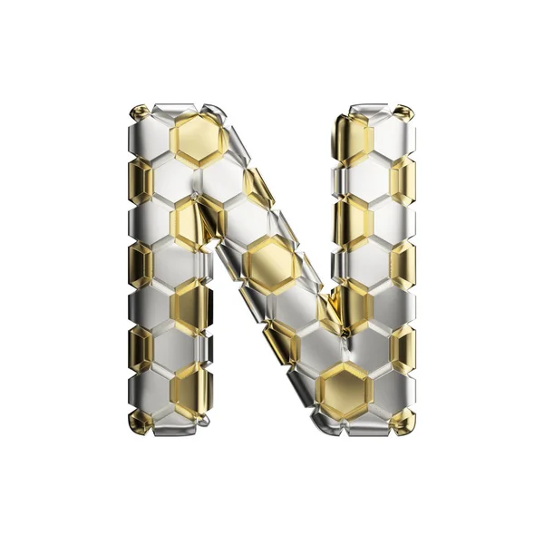 アルファベット大文字の N。シルバーとゴールドで作られたサッカー フォント サッカー テクスチャ。白い背景に分離された 3 d のレンダリング. — ストック写真