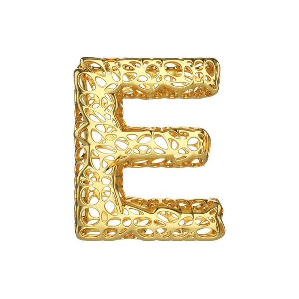 Alfabet letter E hoofdletters. Gouden lettertype gemaakt van gele cellulaire kader. 3D render geïsoleerd op witte achtergrond. — Stockfoto