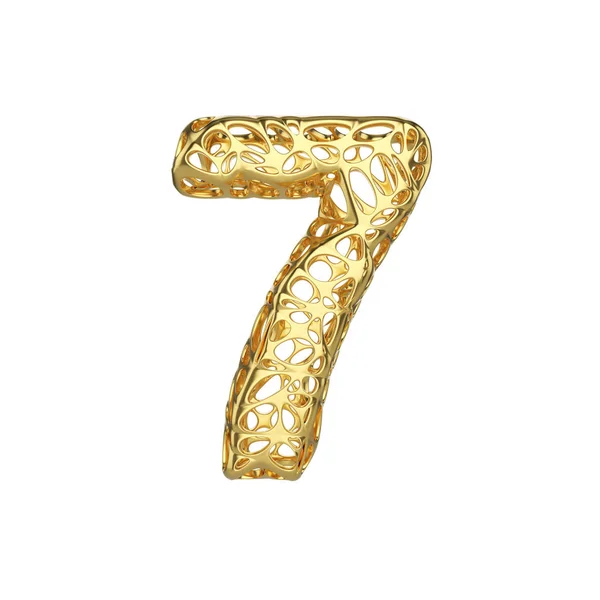 Αλφάβητο αριθμός 7. Χρυσό γραμματοσειρά κατασκευασμένο από το κίτρινο πλαίσιο κινητής τηλεφωνίας. 3D καθιστούν απομονώνονται σε λευκό φόντο. — Φωτογραφία Αρχείου