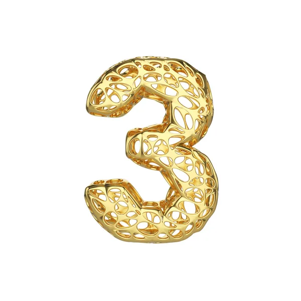 Alfabeto número 3. Fonte Gold feita de estrutura celular amarela. Renderização 3D isolada em fundo branco . — Fotografia de Stock
