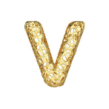 Alfabe harf büyük harf V. Sarı hücresel çerçevesinde altın yazı tipi. Beyaz arka plan üzerinde izole 3d render.