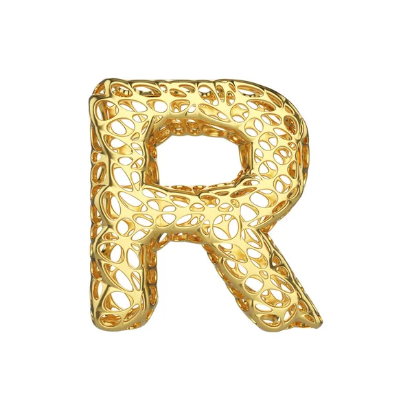 Alfabeto lettera R maiuscola. Caratteri in oro realizzati con struttura cellulare gialla. Rendering 3D isolato su sfondo bianco . — Foto Stock