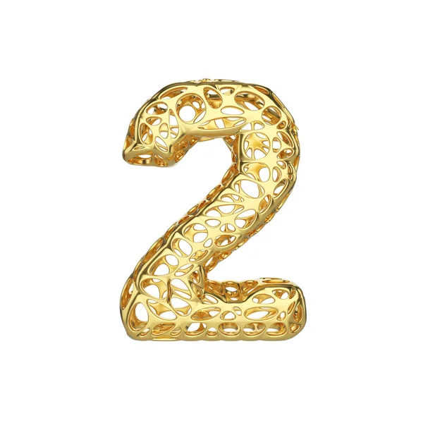 Alfabet nummer 2. Gouden lettertype gemaakt van gele cellulaire kader. 3D render geïsoleerd op witte achtergrond. — Stockfoto