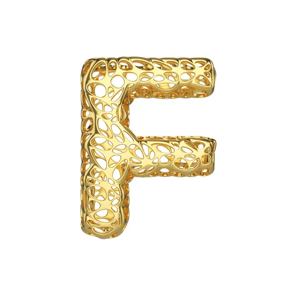 Alfabet letter F hoofdletters. Gouden lettertype gemaakt van gele cellulaire kader. 3D render geïsoleerd op witte achtergrond. — Stockfoto