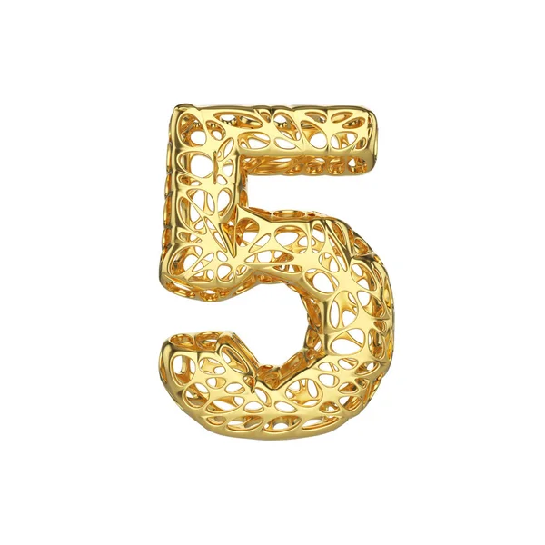 Alfabetet nummer 5. Guld typsnitt av gula cellulära ram. 3D render isolerad på vit bakgrund. — Stockfoto