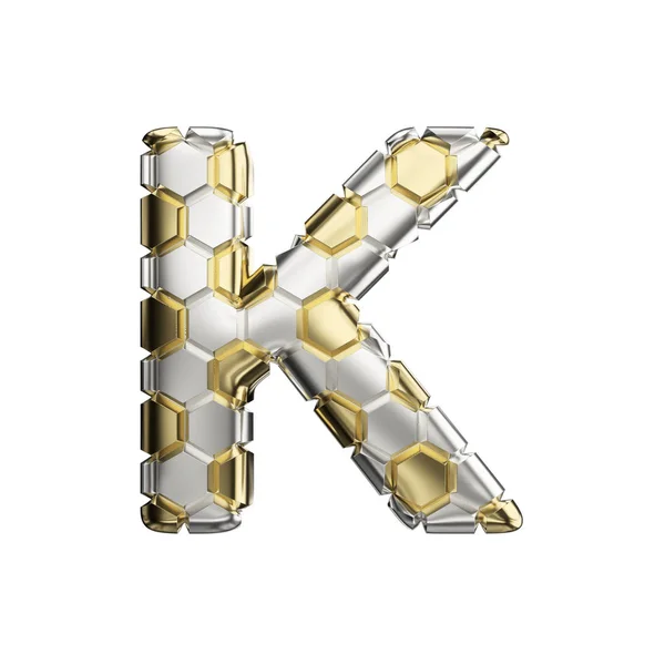 Letra del alfabeto K mayúscula. Fuente de fútbol hecha de plata y textura de fútbol de oro. Representación 3D aislada sobre fondo blanco . —  Fotos de Stock