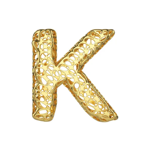 Lettre alphabet K majuscule. Fonte dorée faite de cadre cellulaire jaune. rendu 3D isolé sur fond blanc . — Photo