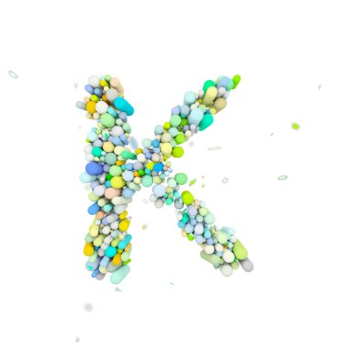 Alfabe harf K büyük harf. Komik yazı tipi plastik geometrik şekillerden oluşan. Beyaz arka plan üzerinde izole 3d render.