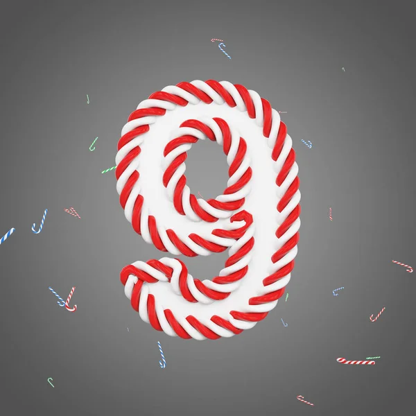 Tatil alfabe sayı 9. Çizgili naneli şekerler Noel yazı tipi. 3D render. — Stok fotoğraf