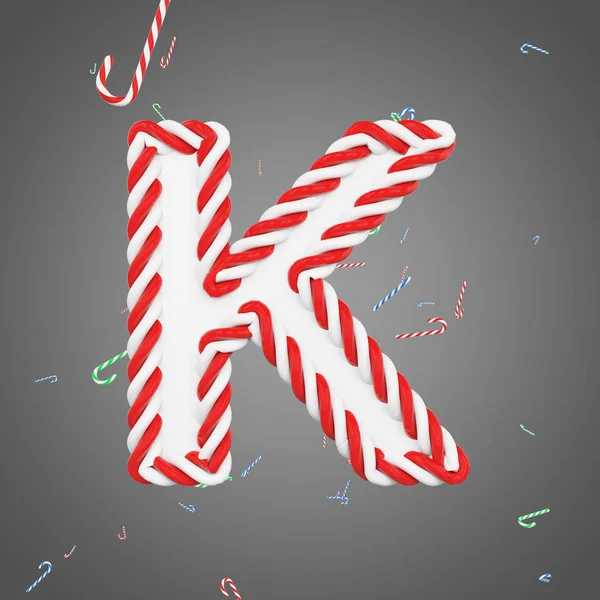 Alfabeto de férias letra K maiúscula. Fonte de Natal feita de bengalas de doces listradas de hortelã. Renderização 3D . — Fotografia de Stock