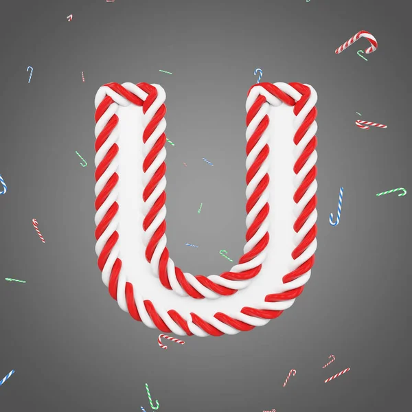 휴일 알파벳 편지 U 대문자입니다. 스트라이프 민트 사탕 지팡이 크리스마스 글꼴에 의하여 이루어져 있다. 3d 렌더링. — 스톡 사진