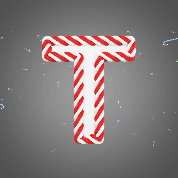 Holiday alfabetet bokstaven T versaler. Jul typsnitt av mint randig godis käppar. 3D render. — Stockfoto