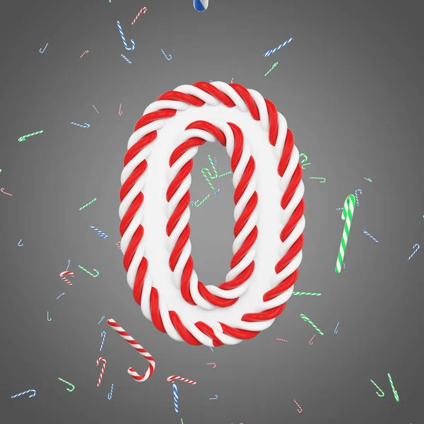 Alphabet vacances numéro 0. Fonte de Noël faite de cannes à bonbons rayées à la menthe. rendu 3D . — Photo