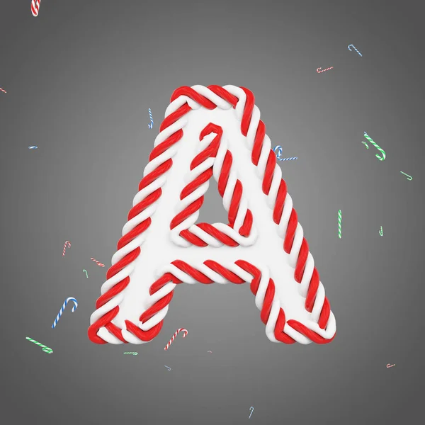 Alfabeto navideño letra A mayúscula. Fuente de Navidad hecha de bastones de caramelo a rayas de menta. Renderizado 3D . — Foto de Stock