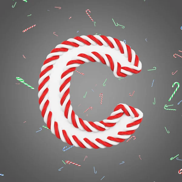 휴일 알파벳 편지 C 대문자입니다. 스트라이프 민트 사탕 지팡이 크리스마스 글꼴에 의하여 이루어져 있다. 3d 렌더링. — 스톡 사진