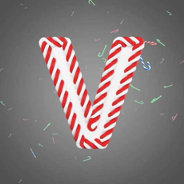Alfabeto navideño letra V mayúscula. Fuente de Navidad hecha de bastones de caramelo a rayas de menta. Renderizado 3D . — Foto de Stock
