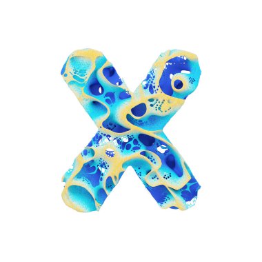 Deniz Alfabe harf X büyük harf. Mavi dalgalı su ve sarı kum oluşan tropikal egzotik yazı tipi. Beyaz arka plan üzerinde izole 3d render.