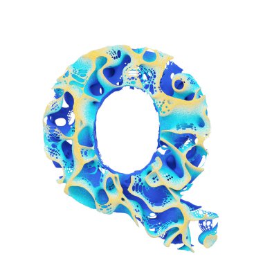 Deniz Alfabe harf Q büyük harf. Mavi dalgalı su ve sarı kum oluşan tropikal egzotik yazı tipi. Beyaz arka plan üzerinde izole 3d render.