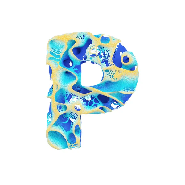 바다 알파벳 편지 P는 대문자입니다. 파란색 물결 모양의 물과 노란 모래 열 대 이국적인 글꼴에 의하여 이루어져 있다. 흰색 배경에 고립 된 3 차원 렌더링. — 스톡 사진