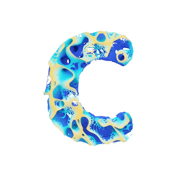 Morze litery C wielkie litery. Tropikalne egzotyczne czcionki z falisty, błękitną wodą i żółty piasek. 3D renderowania na białym tle. — Zdjęcie stockowe