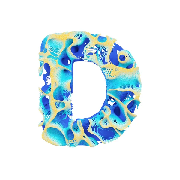 Morze litery D wielkie litery. Tropikalne egzotyczne czcionki z falisty, błękitną wodą i żółty piasek. 3D renderowania na białym tle. — Zdjęcie stockowe