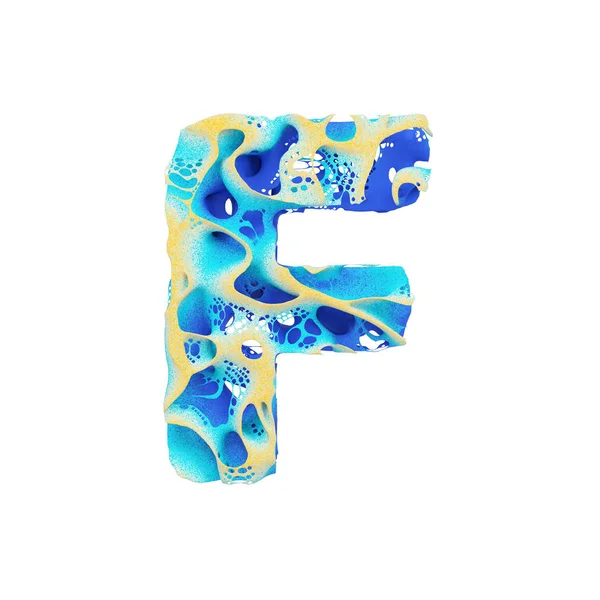 Tenger ábécé levél F nagybetűs. Trópusi, egzotikus betűtípus készült kék hullámos víz és sárga homok. 3D render elszigetelt fehér background. — Stock Fotó