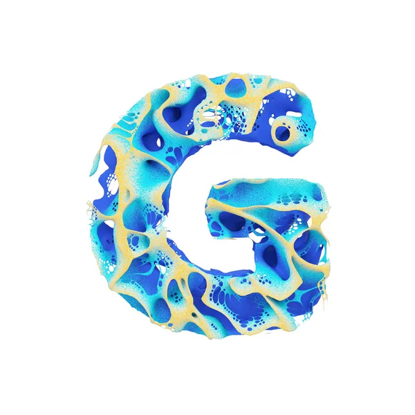 Deniz Alfabe harf G büyük harf. Mavi dalgalı su ve sarı kum oluşan tropikal egzotik yazı tipi. Beyaz arka plan üzerinde izole 3d render.