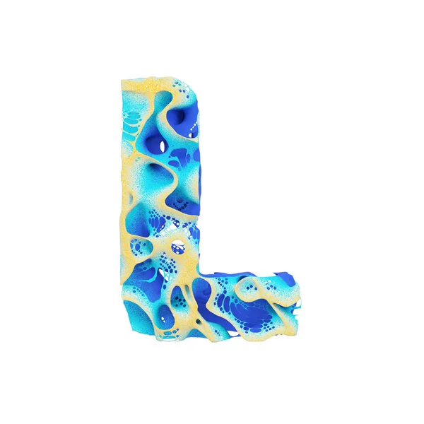 Alfabeto marinho letra L maiúscula. Fonte exótica tropical feita de água ondulada azul e areia amarela. Renderização 3D isolada em fundo branco . — Fotografia de Stock