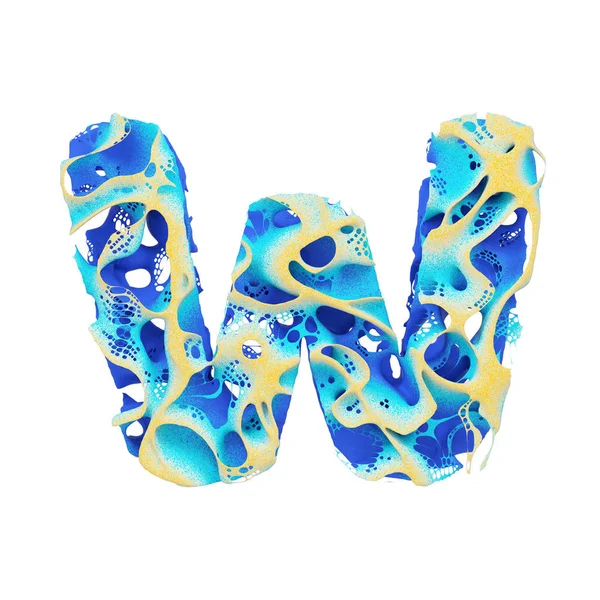 Deniz alfabesi harfi büyük harf W. Mavi dalgalı su ve sarı kum oluşan tropikal egzotik yazı tipi. Beyaz arka plan üzerinde izole 3d render.