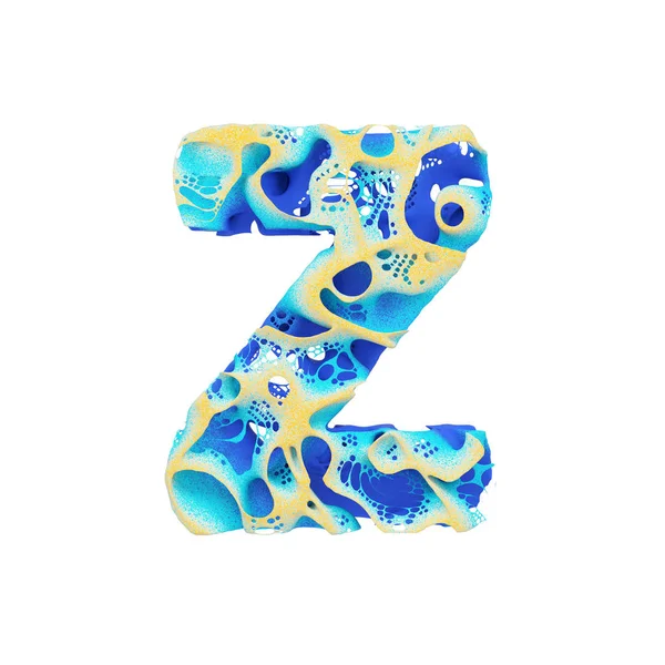바다 알파벳 편지 Z 대문자입니다. 파란색 물결 모양의 물과 노란 모래 열 대 이국적인 글꼴에 의하여 이루어져 있다. 흰색 배경에 고립 된 3 차원 렌더링. — 스톡 사진