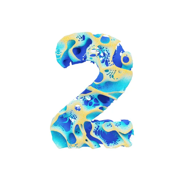 Zee alfabet nummer 2. Tropische exotische lettertype gemaakt van blauwe golvende water en geel zand. 3D render geïsoleerd op witte achtergrond. — Stockfoto