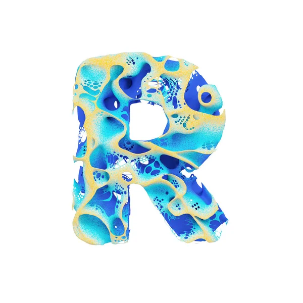 Letra del alfabeto marino R mayúscula. Fuente exótica tropical hecha de agua azul ondulada y arena amarilla. Representación 3D aislada sobre fondo blanco . — Foto de Stock