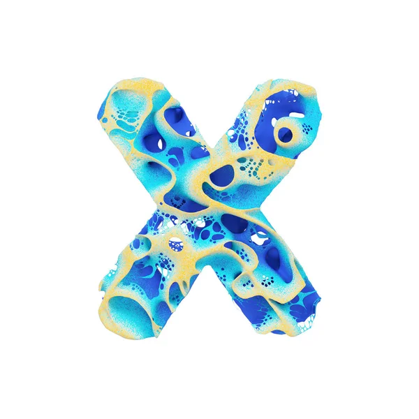Deniz Alfabe harf X büyük harf. Mavi dalgalı su ve sarı kum oluşan tropikal egzotik yazı tipi. Beyaz arka plan üzerinde izole 3d render.