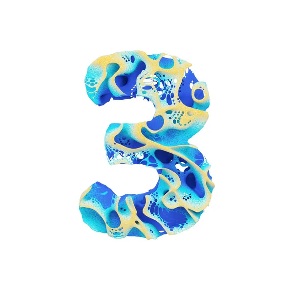 Alphabet maritime numéro 3. Fonte exotique tropicale faite d'eau bleue ondulée et de sable jaune. rendu 3D isolé sur fond blanc . — Photo