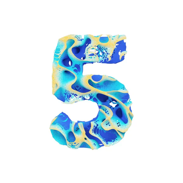 Deniz alfabesi sayı 5. Mavi dalgalı su ve sarı kum oluşan tropikal egzotik yazı tipi. Beyaz arka plan üzerinde izole 3d render.