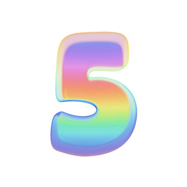 Alfabe sayı 5. Parlak sabun köpüğü gökkuşağı yazı tipi. Beyaz arka plan üzerinde izole 3d render.