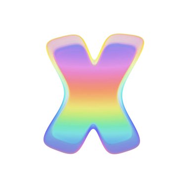 Alfabe harf X büyük harf. Parlak sabun köpüğü gökkuşağı yazı tipi. Beyaz arka plan üzerinde izole 3d render.