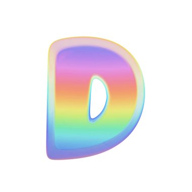 Alfabe harf D büyük harf. Parlak sabun köpüğü gökkuşağı yazı tipi. Beyaz arka plan üzerinde izole 3d render.