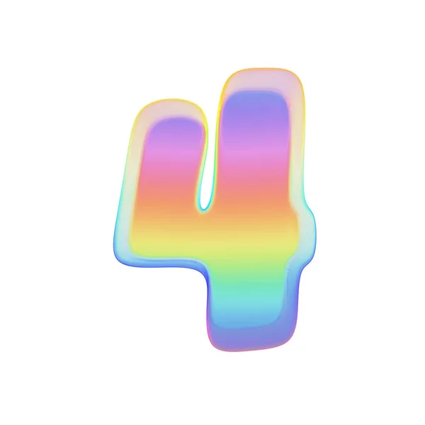 Alfabetet nummer 4. Rainbow teckensnitt gjord av ljusa såpbubbla. 3D render isolerad på vit bakgrund. — Stockfoto