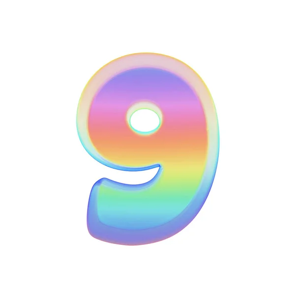 Alfabetet nummer 9. Rainbow teckensnitt gjord av ljusa såpbubbla. 3D render isolerad på vit bakgrund. — Stockfoto