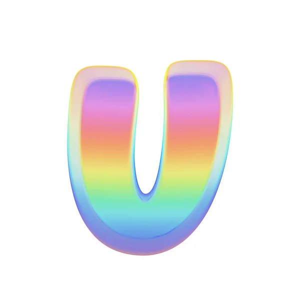 Alphabet bokstaven U versala. Rainbow teckensnitt gjord av ljusa såpbubbla. 3D render isolerad på vit bakgrund. — Stockfoto