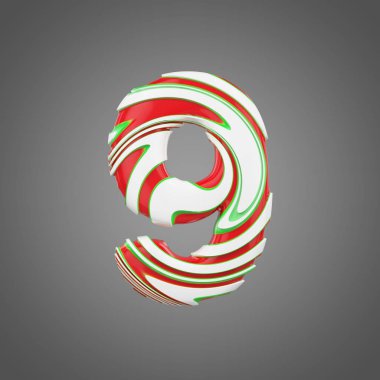 Tatil alfabe sayı 9. Naneli şekerler Noel yazı tipi. 3D render. Kırmızı, yeşil ve beyaz lolipop Xmas tipografi sembolden.