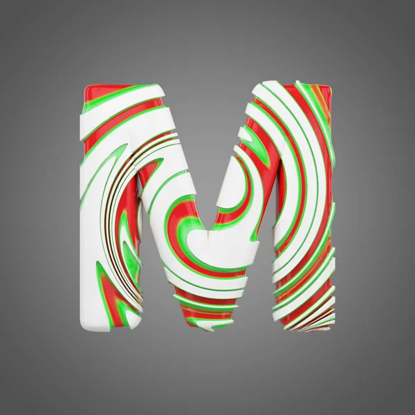 Holiday alphabet letter M uppercase. Christmas font made of peppermint candy canes. 3D render. — Stock Photo, Image